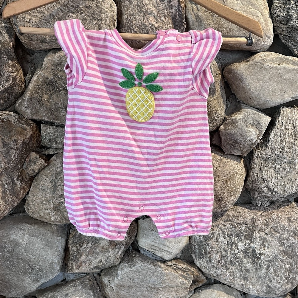 Bella Bliss Baby Girl Bubble Romper Size 9 M Pineapple Pink Stripe Ruffle Cotton